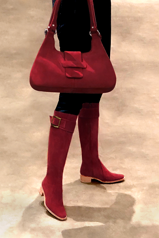 Custom-made women's cardinal red elegant riding knee-high boots. Round toe. Thick leather soles - Worn view